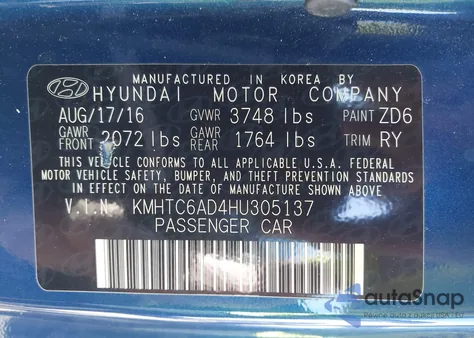 2017 Hyundai Veloster из США, поврежденный, VIN KMHTC6AD4HU305137